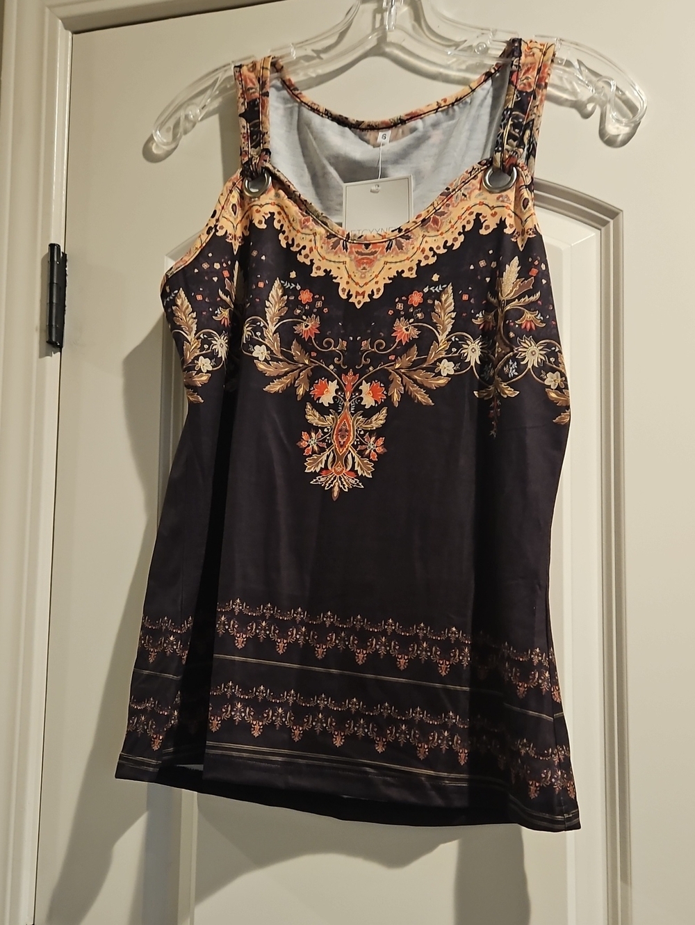 Black Floral-Print Tank Top with Gold Accent Hardware